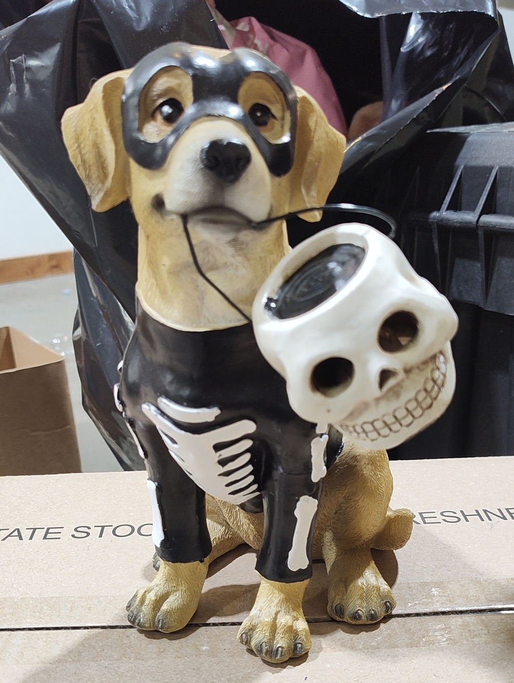 Decorative Dog Figurine with Skull Lantern - Black and Tan- New